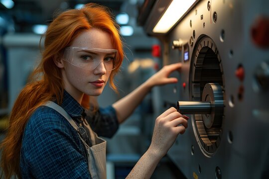 A skilled woman with red hair operates precision machinery in a workshop, demonstrating craftsmanship and technical expertise while wearing protective gear