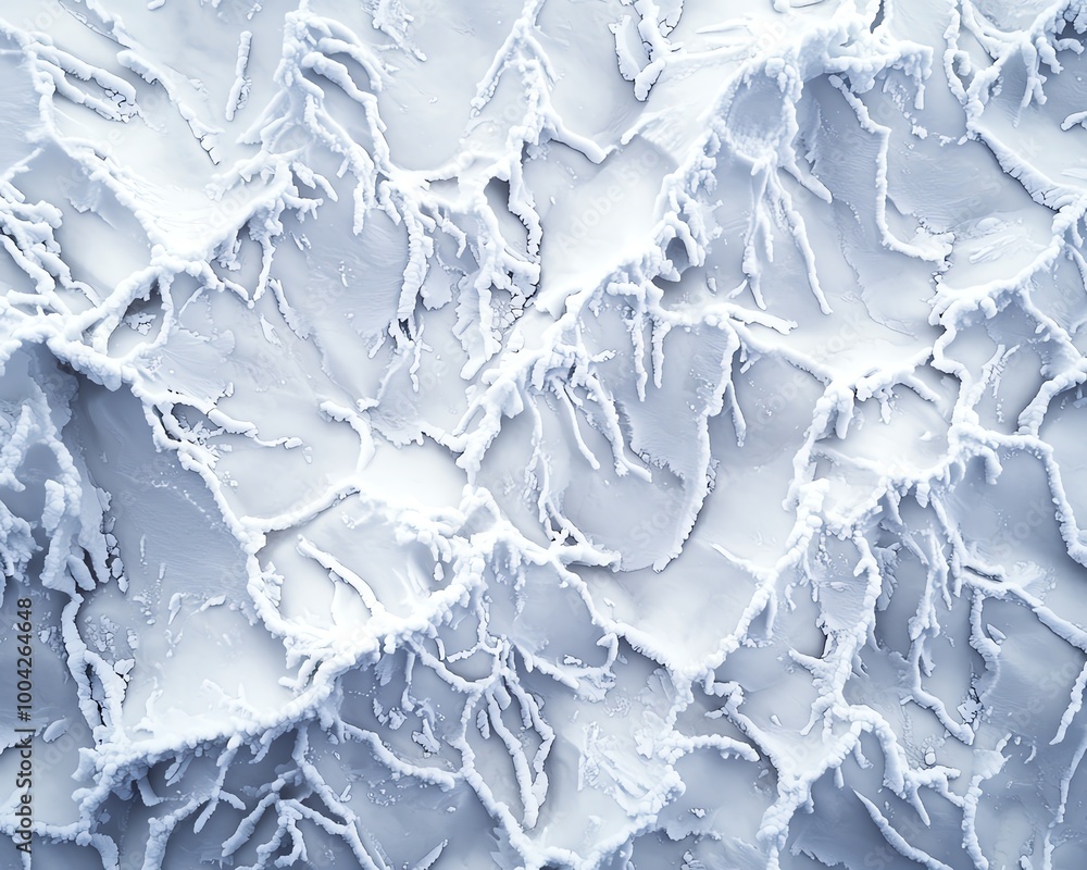 Poster a textured close-up of ice showcasing intricate patterns and a cool blue-white color palette, perfec