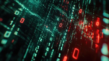 Digital data stream and abstract binary code displayed in a futuristic manner on computer screen background.