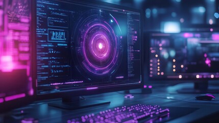 Obraz premium IT consulting services visualized with glowing holographic tools and neon-lit workspaces Futuristic Hologram Minimalist