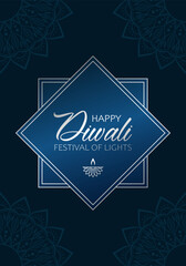 Silver text Happy Diwali, festival of lights and diya lamp on blue background with silver frame and floral mandala elements. Elegant design for greeting card or poster for hindu festival Diwali.