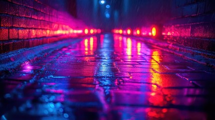 Naklejka premium mysterious dimly lit alleyway illuminated by neon lights in a cyberpunk urban setting with vibrant colors reflecting off wet pavement evoking an atmosphere of intrigue and futuristic urban life