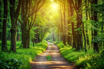 Fototapeta premium Peaceful forest path surrounded by greenery with sunlight filtering through the trees