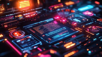 Obraz premium Mobile app development workspace with glowing holographic coding tools and neon-lit devices Futuristic Hologram High Detail