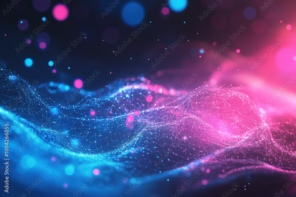 Poster a captivating display of abstract waves illuminated by vibrant blue and pink lights, creating a mesm