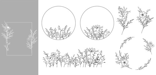 Botanical Background with trendy minimalist wildflowers and greenery. Floral Line Art Illustration. Hand drawn line art . Luxury Line Floral Art. Perfect for Elegant wedding 
