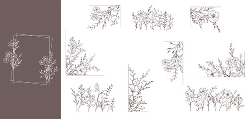 Trendy floral frames with wildflowers and leaves line art. Botanical Line Art Collection of wildflowers. Hand drawn line art graphics. Luxury Line Floral Art. Perfect for Elegant wedding invitations