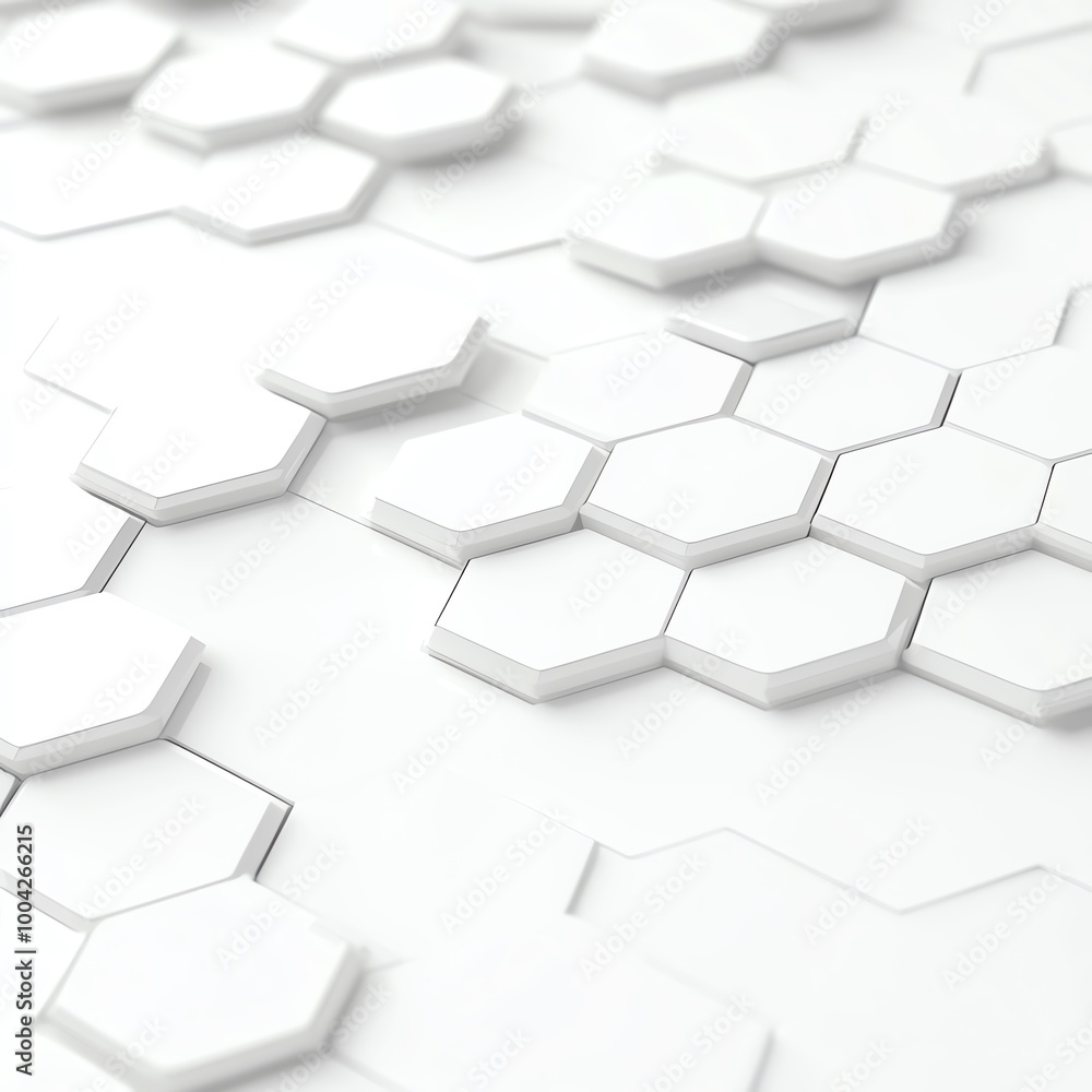 Poster close-up view of white hexagonal tiles creating a modern, geometric pattern, ideal for backgrounds o