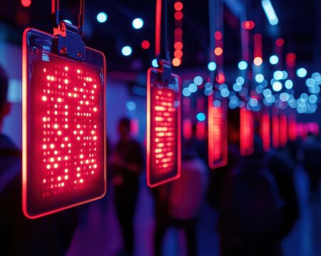 Networking event in a neon-lit futuristic venue with glowing holographic name tags  Futuristic  Neon  High Detail