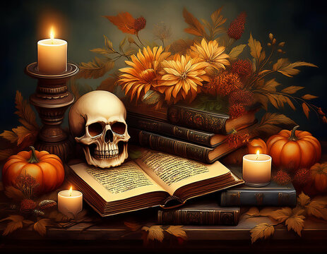 Still life with skull, antique books, candles and autumn flowers. Halloween concept