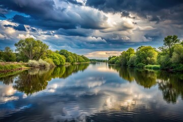 Obraz premium Peaceful landscape of a river with trees under a cloudy sky