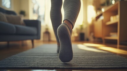 A person in gray socks walking comfortably on a textured rug in a warm, cozy living room, evoking relaxation and comfort.
