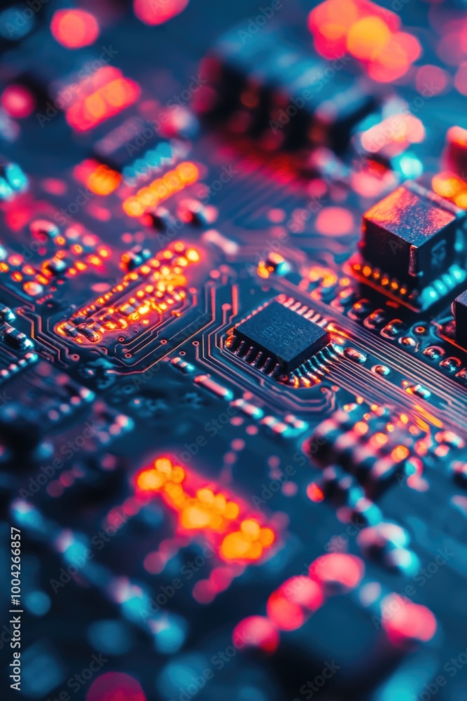 Poster a close-up of a circuit board with integrated electronic components such as microprocessors, semicon