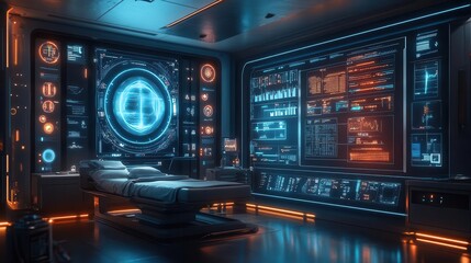 Obraz premium Preventive healthcare tools glowing with digital data in a futuristic clinic Futuristic Hologram Minimalist