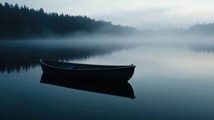 Serene boat on a misty lake at dawn