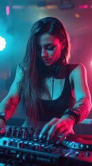 Tattooed female DJ performing in vibrant nightclub.