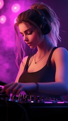 Fototapeta premium Passionate female DJ at energetic nightclub scene