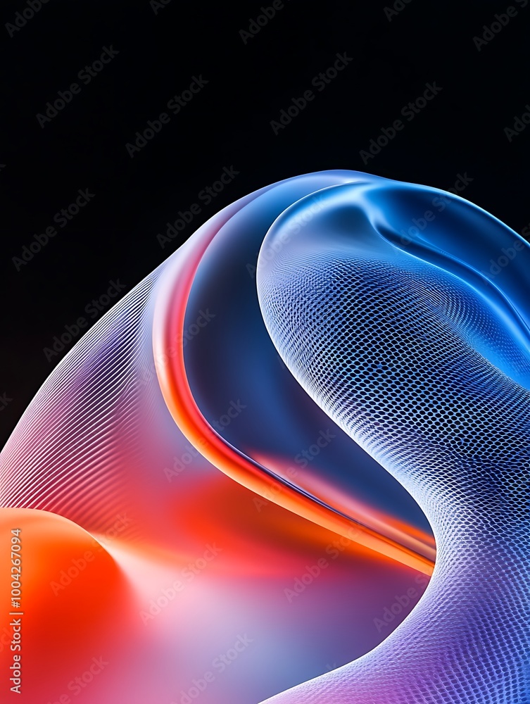 Poster Abstract colorful wave pattern, creating a sense of motion and depth on a black background. A minimalist poster in metallic and chrome gradient style.