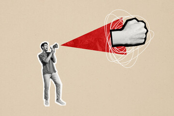 Composite photo collage of aggressive man scream megaphone fist gesture demonstration activist...