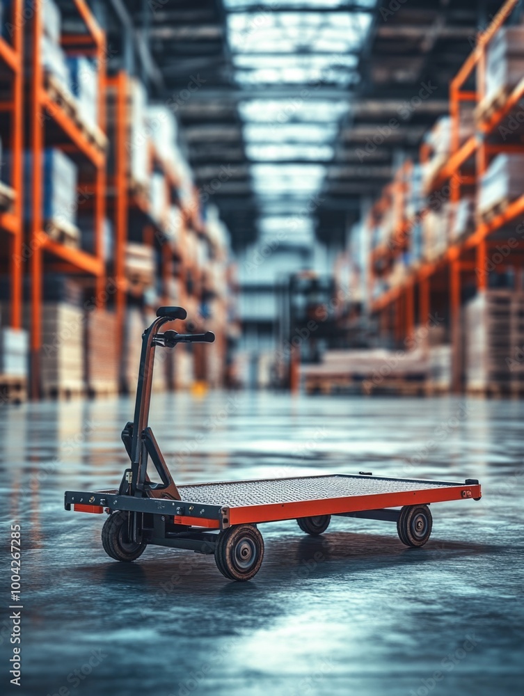 Poster inside view of logistics and distribution facility with conveyor systems and automated transportatio