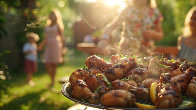 Family backyard barbecue grill with grilled chicken in summer sunshine