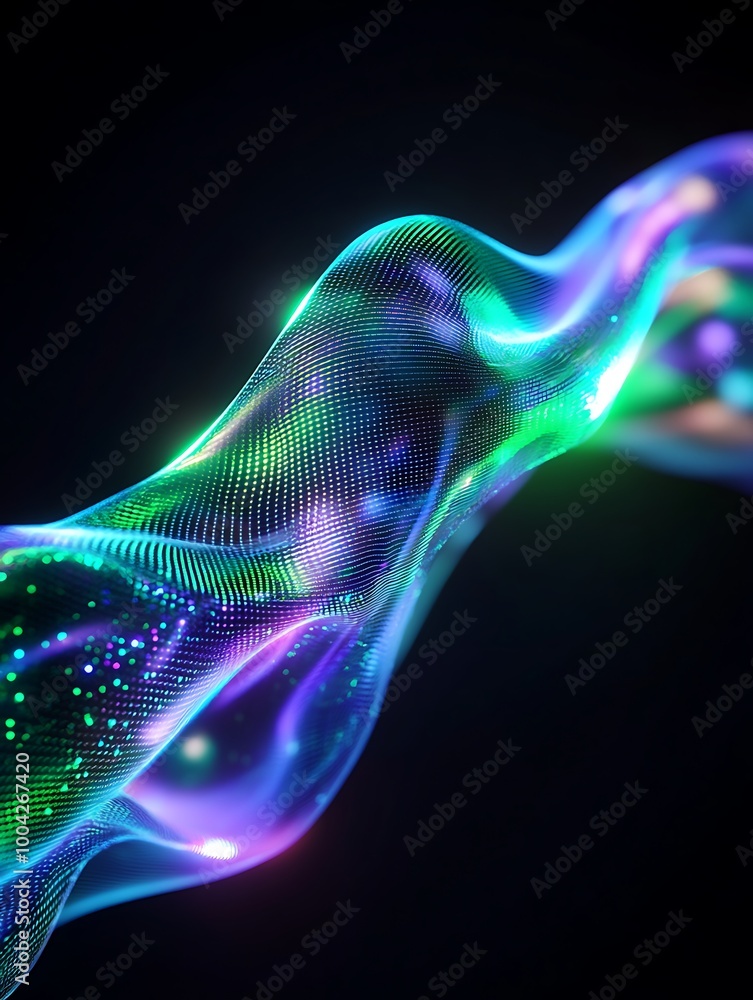 Poster abstract colorful wave pattern with glowing lights on a black background. a minimalist poster in met