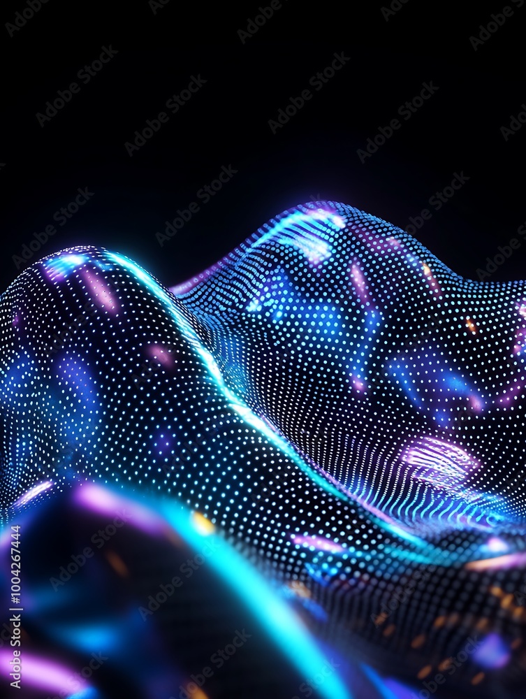 Poster abstract colorful wave pattern with glowing lights on a dark background, suitable for digital design