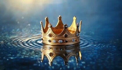 A gold crown floating above a pool of water, casting a reflection, birthday party card