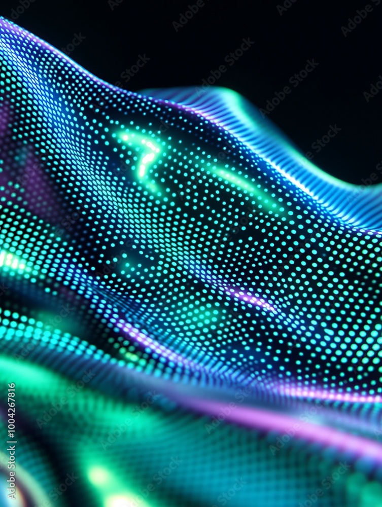 Poster Abstract colorful wave pattern with vibrant dots on a dark background, perfect for digital design and creative projects. A minimalist poster in metallic and chrome gradient style.