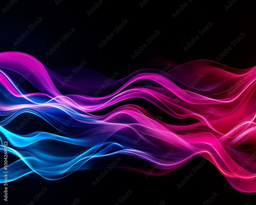 Poster vibrant abstract waves in pink and blue, creating a dynamic and colorful visual effect against a dar