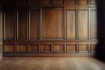 This is a classic interior, likely an old library room. The walls are made of dark wood paneling, and the floor appears to be polished hardwood. The bookshelves are well-lit,