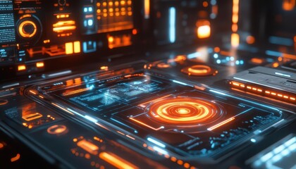 Smart devices glowing with digital controls in a futuristic workplace  Futuristic  Neon  Minimalist