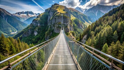 Obraz premium Pedestrian suspension bridge in mountains showcasing nature