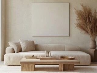 A white couch with pillows and a brown coffee table