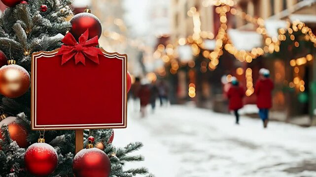 Christmas market background with placeholder on decorative bauble. Yor space on Christmas tree in busy snow covered street for adversisement. Blank advertisement tag amidst Christmas celebration decor