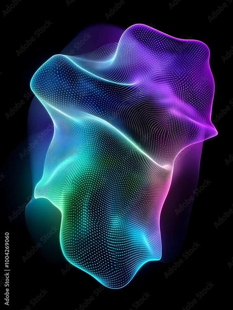 Poster abstract colorful wave shape with glowing lines on a black background. a minimalist poster in metall