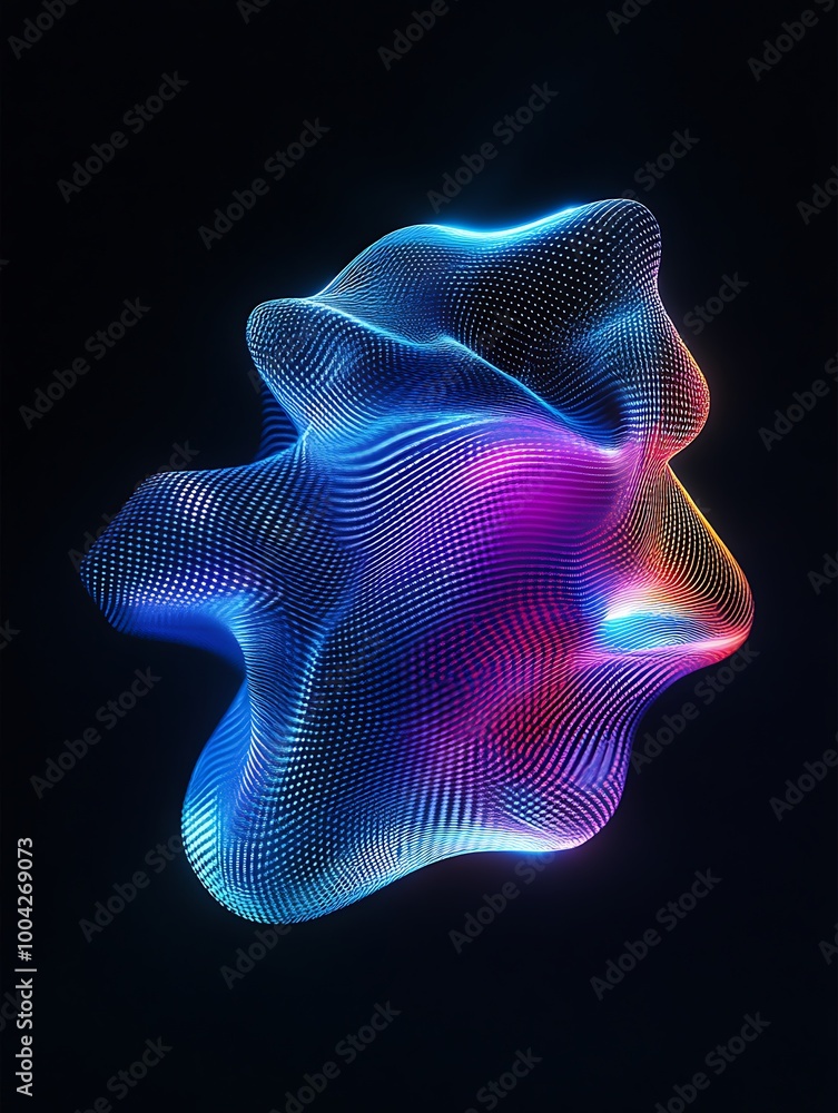 Poster abstract colorful wave shape with glowing lines on a dark background. a minimalist poster in metalli