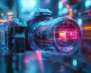 Travel photography moments captured with glowing holographic cameras in a futuristic landscape  Futuristic  Hologram  Neon