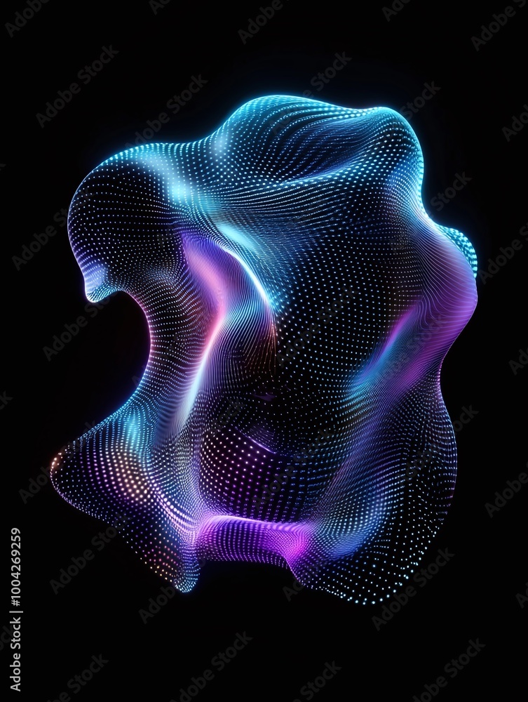 Poster abstract colorful wave shape with neon lines and dots, black isolated background. a minimalist poste