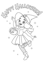 Happy little girl trick-or-treating in Halloween witch costume. Vector illustration for coloring book page.