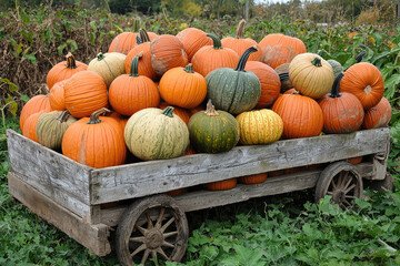 Pumpkins of varying sizes on wooden cart in farm