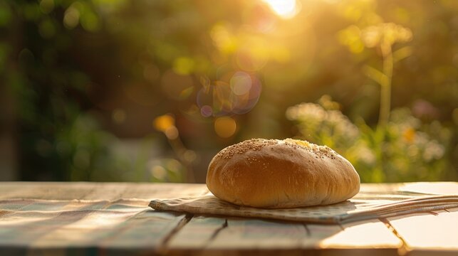 Bread on a wooden table with sunlight in the background.