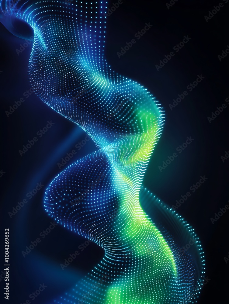 Poster abstract colorful wave with glowing dots on a dark background. a minimalist poster in metallic and c