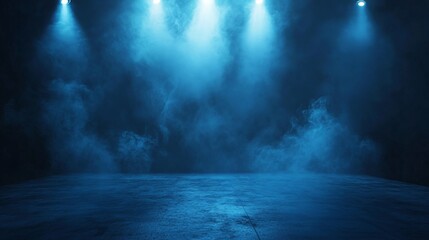 Obraz premium Dark street scene with neon lights, blue smoke, AI generation
