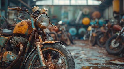 Many old broken rusty motorcycles motorcycle junkyard