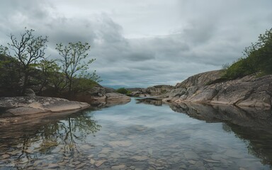 serene river flowing through a rocky woodland landscape