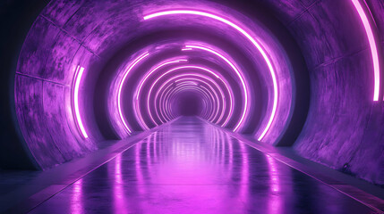 Naklejka premium Purple Neon Lights in a Concrete Tunnel 3D Illustration