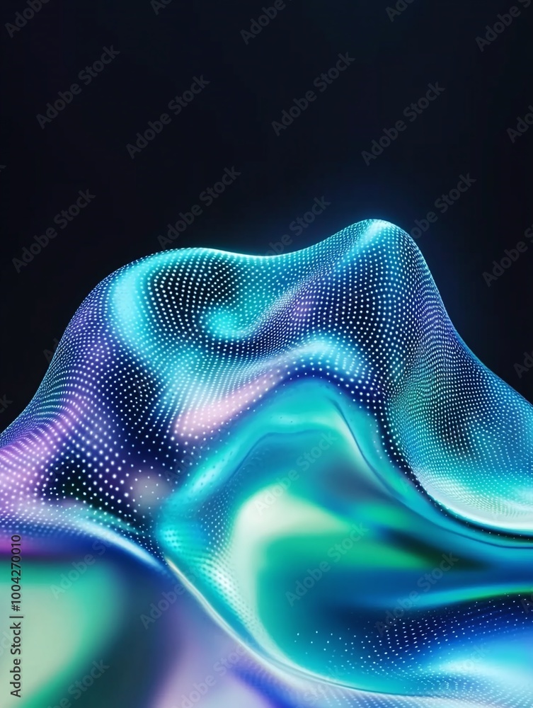 Poster abstract colorful wave with glowing particles on a dark background. a minimalist poster in metallic 