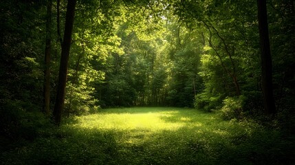 Obraz premium Serene and Tranquil Forest Clearing with Lush Green Foliage and Dappled Sunlight Filtering Through the Canopy Creating a Peaceful and Atmospheric Woodland Scene