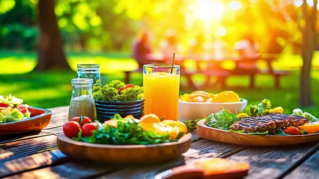 Healthy picnic meal with dresh salad, grilled meat, fruits and orange juice in sunlit park with blurred family on the background.
